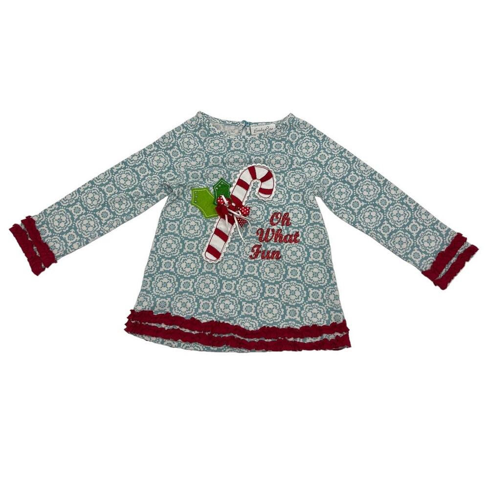 EMILY ROSE Christmas Candy Cane Oh What Fun Red Ruffle Shirt SZ 5